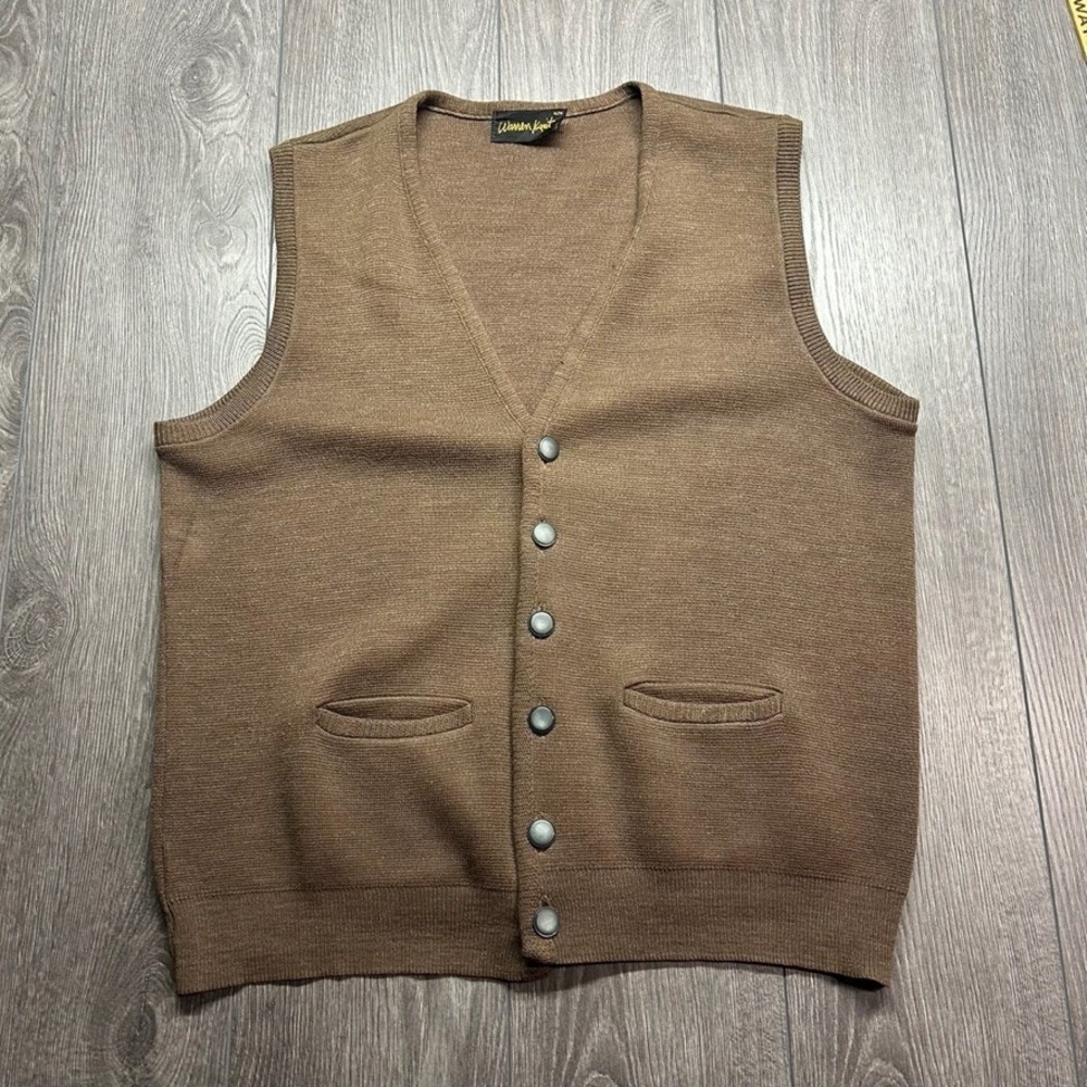 Vintage Warren Knit Mens Brown Large Cardigan Vest Button Front V-Neck